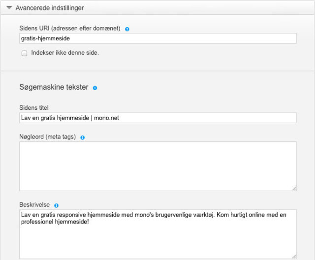 SEO felter i mono værktøjet